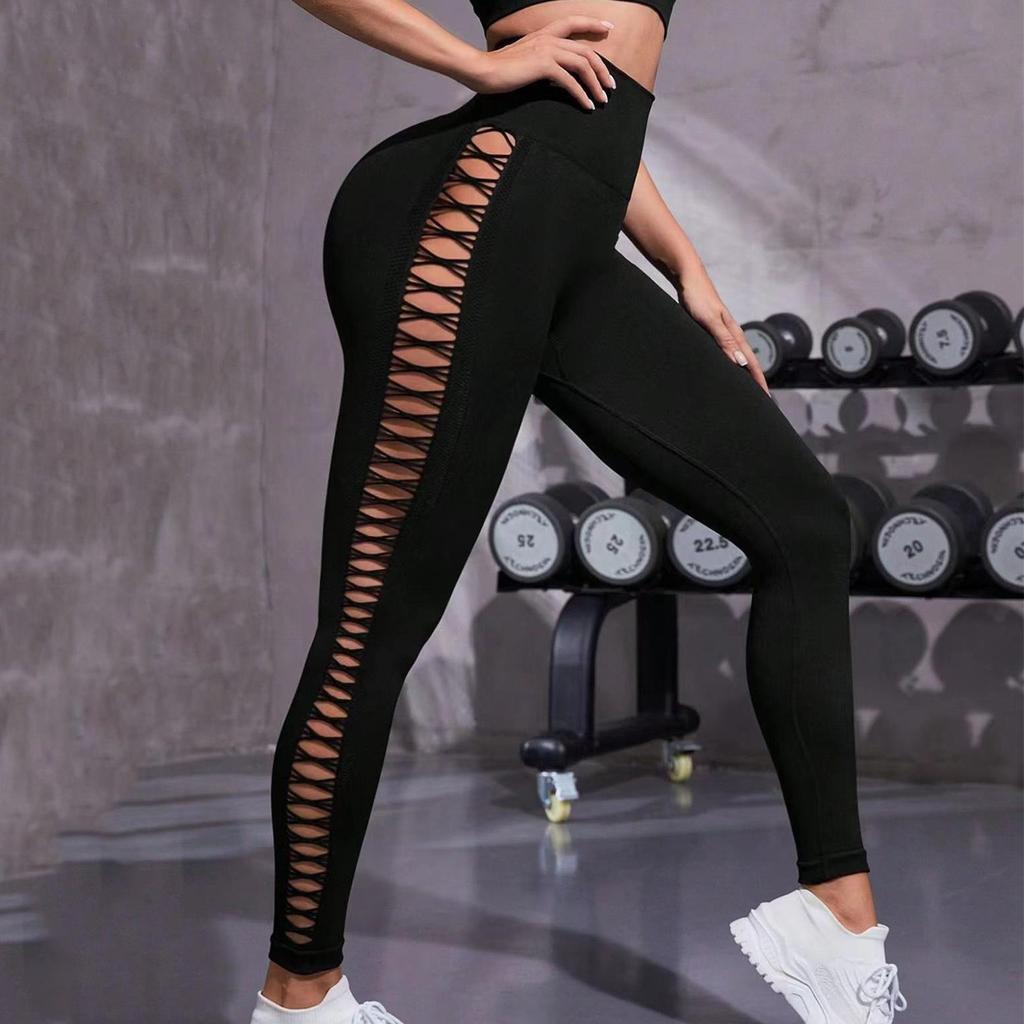 Sporty Tie Side-hole Yoga Pants With High Waist And Buttock-enhancing Feature Seamless Elastic Tight Pants.
