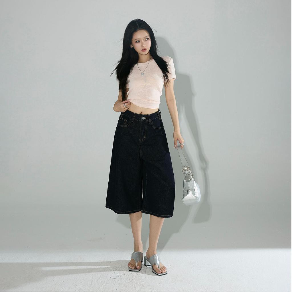Fashion Summer Four Color Vintage High Waist Loose Wide Leg Straight Slimming Cropped Capri Denim Pants For Women Trendy Versatile AllMatch Design