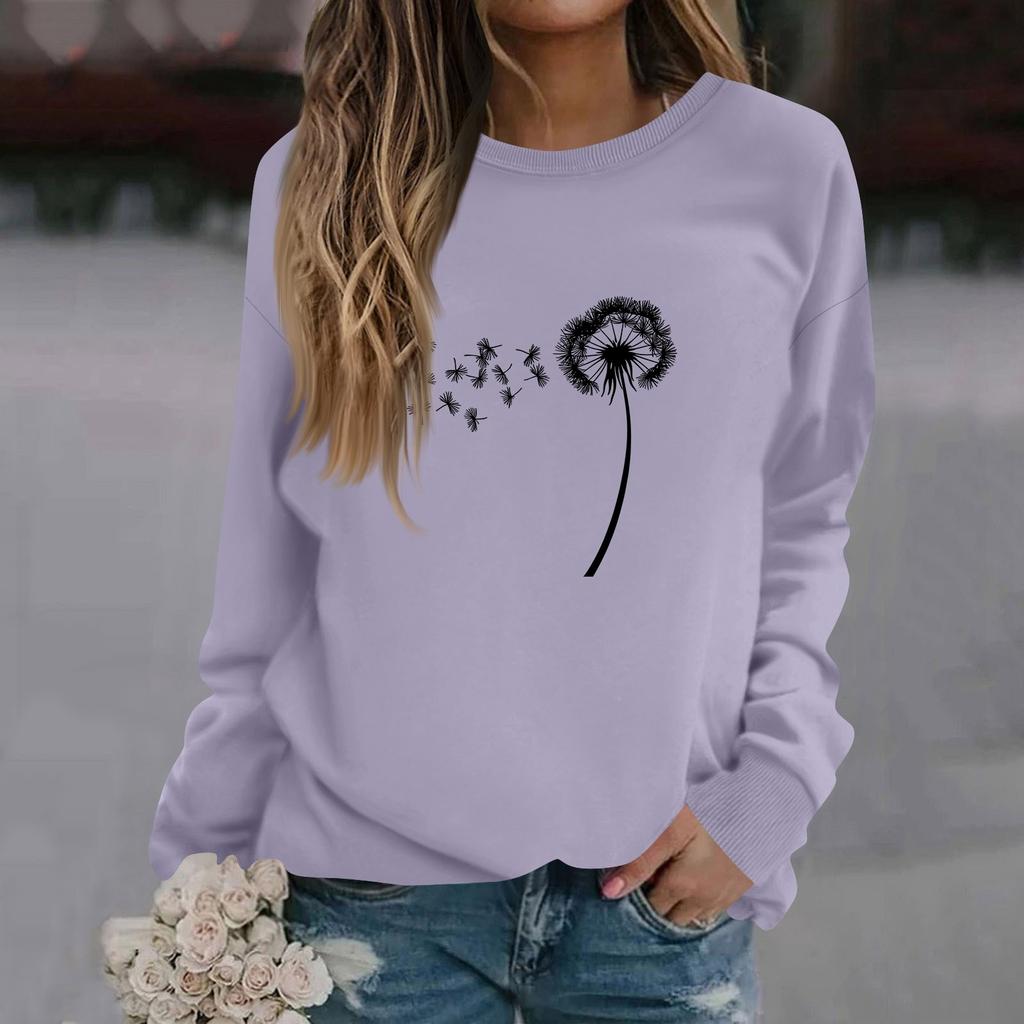 Mote for kvinner, avslappet langermet ensfarget trykket genser med rund hals