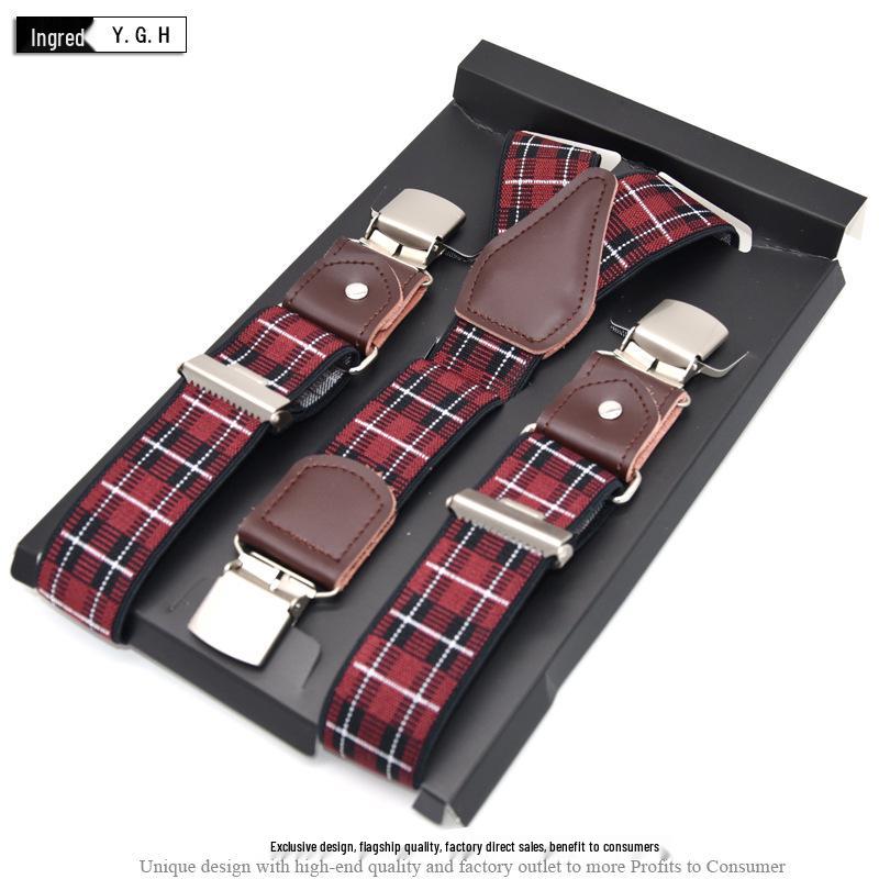 European-Style Plaid Suspenders with Leather Accents and Three-Clip Design