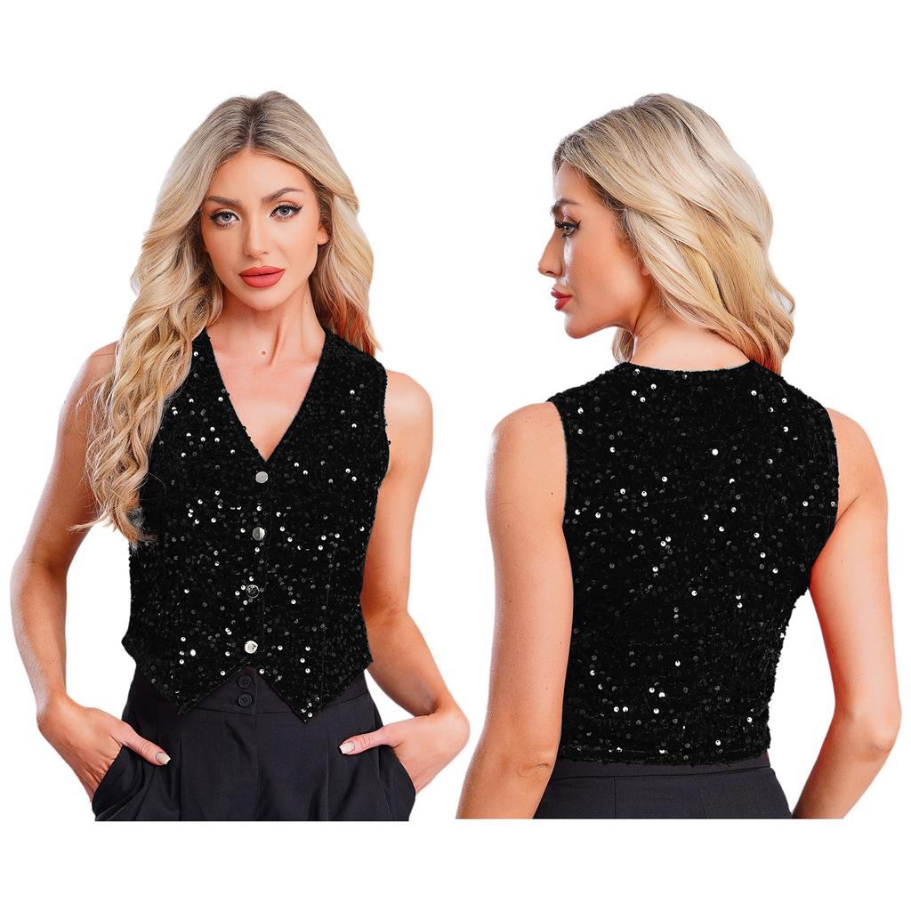 Women Sparkly Sequin Vest Sleeveless V-neck Irregular Hem Party Top for Cocktail Banquet Nightclub Summer