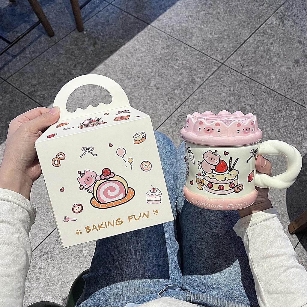 Mug with Lid Spoon High Value Ins Wind Cute Ceramic Cup Couple Drinking Cup for Girls Birthday Gift