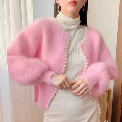 Fashion Ladies Pearl Knit Lantern Sleeves Imitation Mink Fleece Sweater Cardigan Jacket Women Outerwear