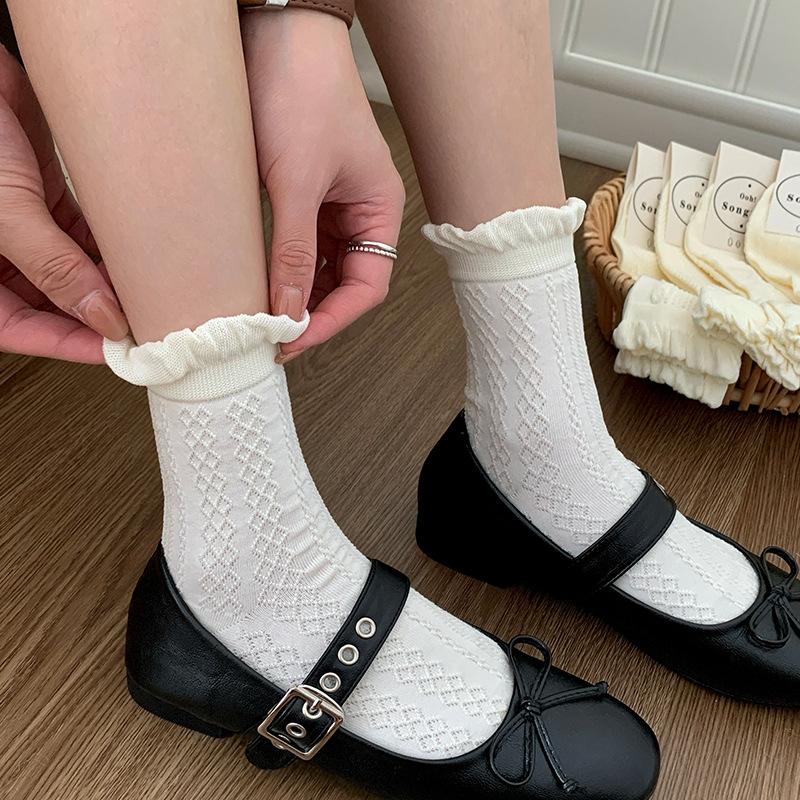 Female Spring and Autumn Sweet Three Dimensional Relief Bubble Mouth Lace Ballet Wind Boneless White Tube Pile Socks