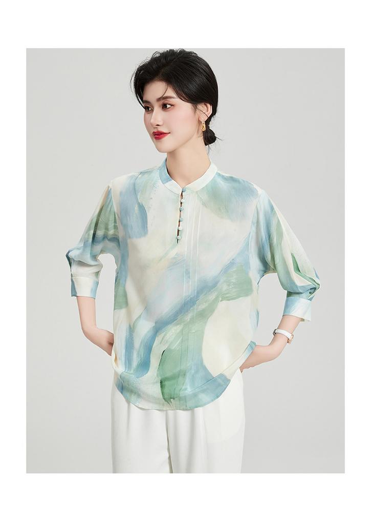 New Chinese Summer Stand up Collar Mulberry Silk T-shirt