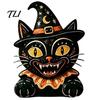 Cartoon Cat Figure Vintage Halloween Wooden Figurine, Rustic Witch Zombie Owl Frog Tabletop Small Wood Craft Ornament, Farmhouse Tiered Tray