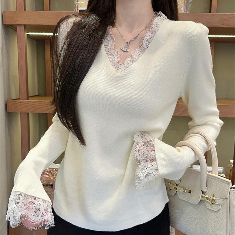 Black Lace Knitted Sweater Women's Collar Trendy Inner Long Sleeve Top Autumn and Winter Slim Flared Sleeve Bottom Sweater