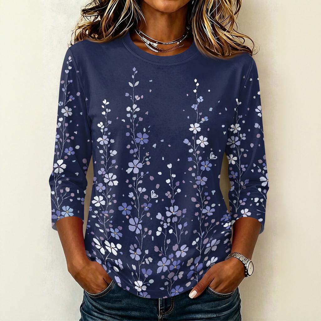 Womens Casual Round Neck 3/4 Sleeve Floral Print T Shirt Top Lightweight Soft Fabric Comfortable Fit Stylish Design