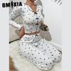 GMXIA Homewear Love Print Long-sleeved Lapel Pyjamas Women Can Be Worn Outside Trousers Two-piece Set