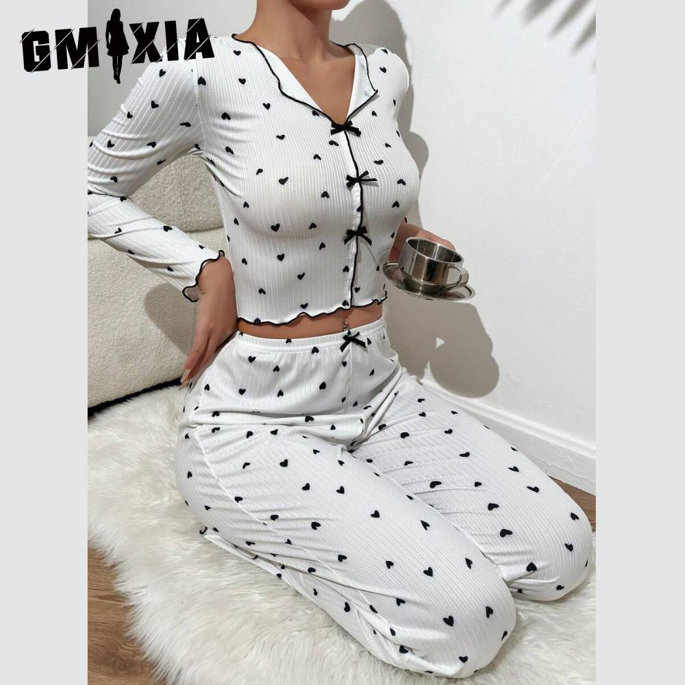 GMXIA Homewear Love Print Long-sleeved Lapel Pyjamas Women Can Be Worn Outside Trousers Two-piece Set