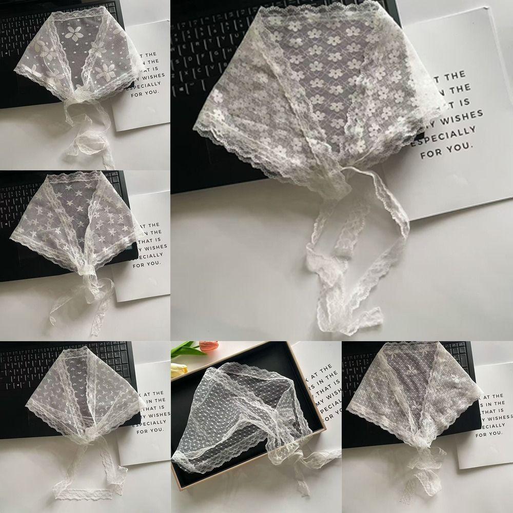 Fashion White Woven Floral Lace Hair Scarf Wraps Sweet Retro Triangle Headscarf Breathable Print Hair Bandana Photo