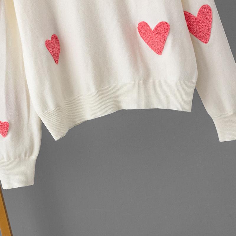 2024 Autumn/Winter Heart Flocking Embroidered Round Neck Long Sleeve Women’s Knit Sweater Pullover