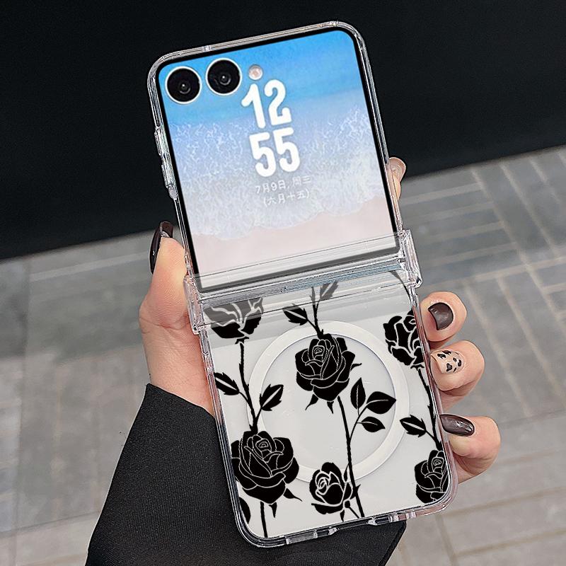 Retro Flowers Black Rose Print Case For Samsung Galaxy Z Flip 8 7 FE 6 5 Z Flip8 Flip7 Flip6 Magnetic Clear Hard PC Folding Phone Cover