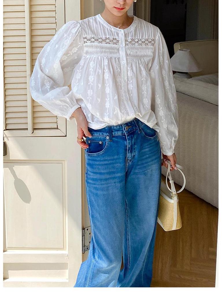 Damenbluse im europäischen Stil mit französischer Stickerei, langen Ärmeln und in Weiß