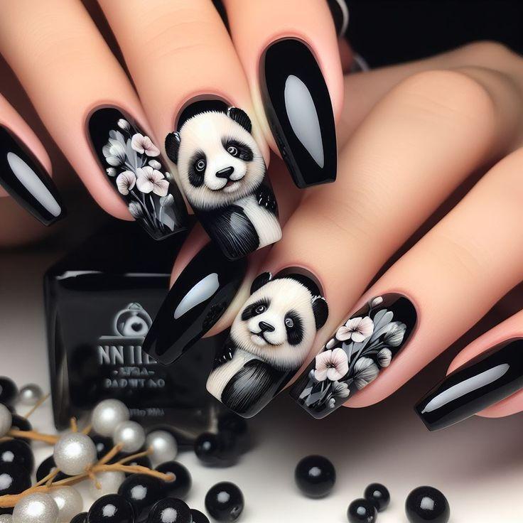 Elegant Panda Floral Wearable Ballet Nails – 24 Detachable Medium-Long Nail Tips