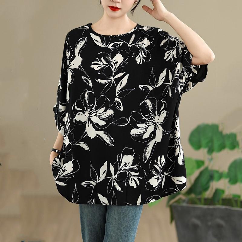 Короткий рукав, свободная винтажная футболка с цветочным принтом, повседневная, свободная, женская летняя футболка