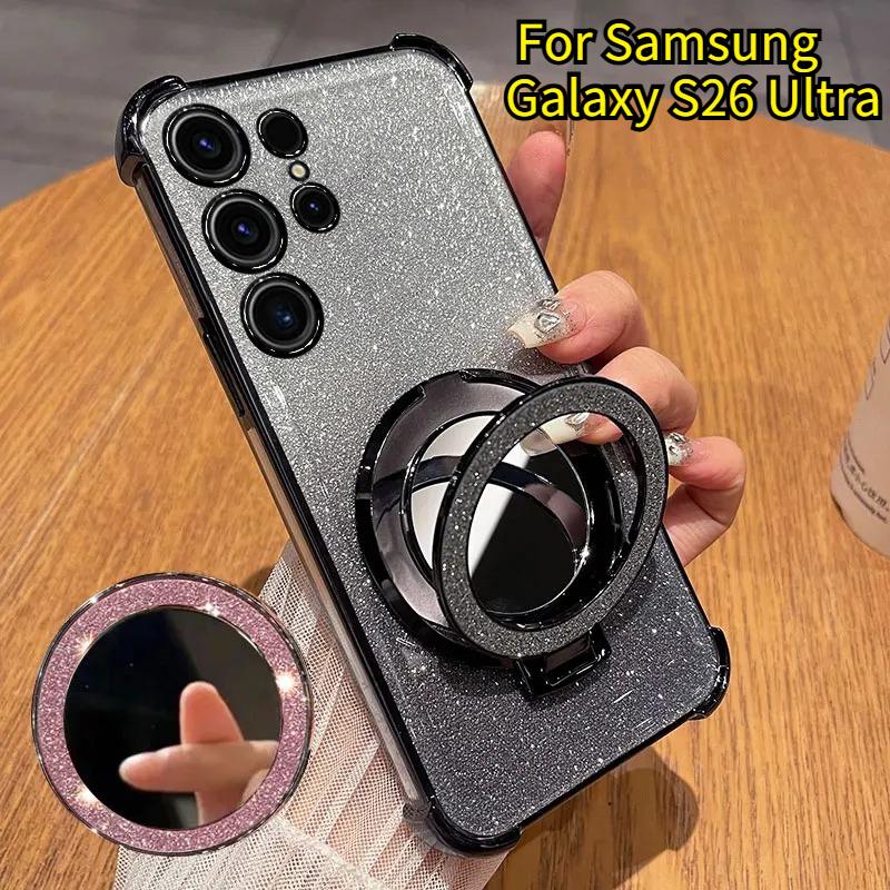 Glitter Soft Silicone Case for Samsung Galaxy S26 Ultra S25 S24 S23 S22 Plus A17 A37 A57 A36 A56 A55 A54 Mirror Stand Lens Protect Shockproof Cover