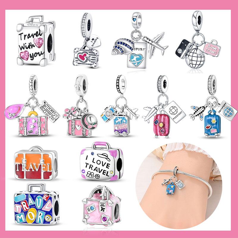 Copper Travel Series Suitcase Camera Airplane Hat Charms Fit Original Snake Chain Bracelet Diy For Women Jewelry Making Gift