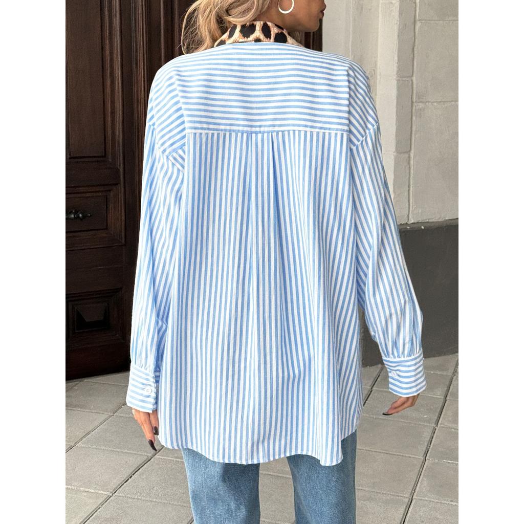 New Fall Women's Striped Patchwork Printed Shirt Casual Vacation Fashion Top