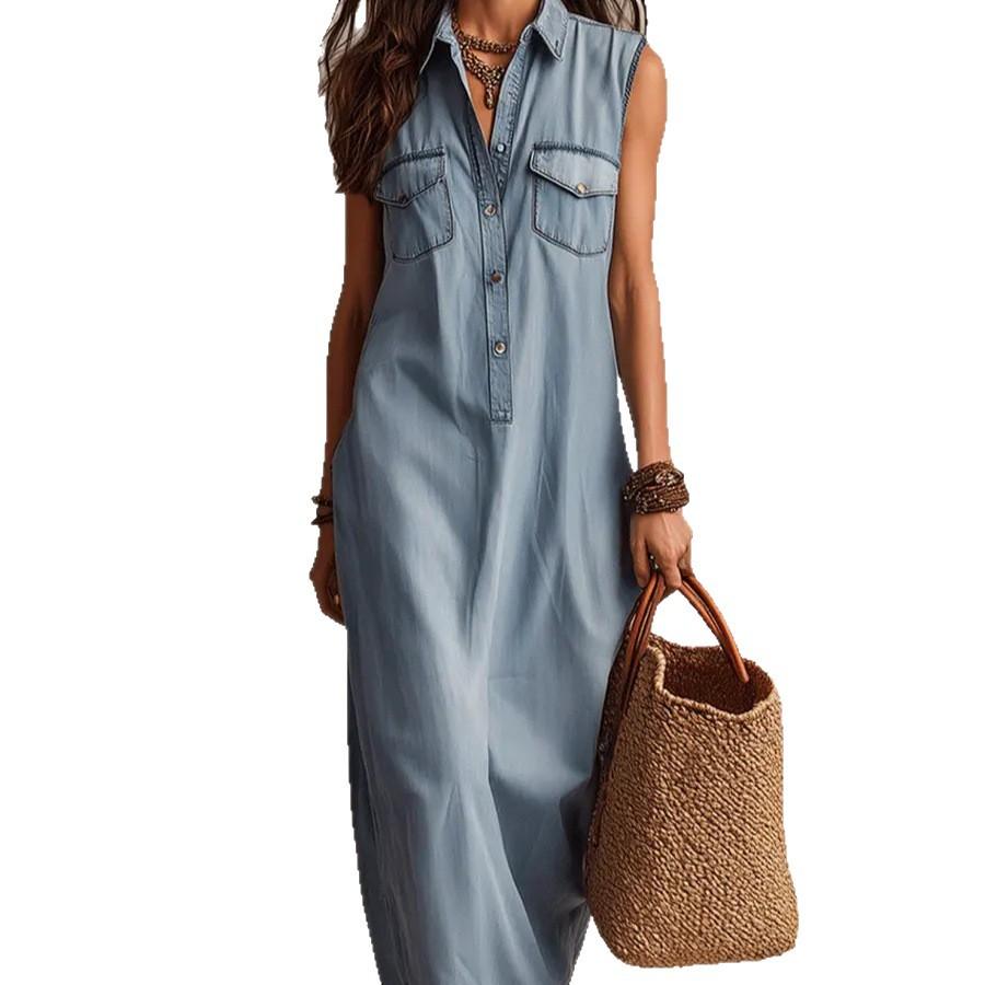  European and American new products Bohemian sleeveless imitation denim vacation medium and long women's jumpsuit