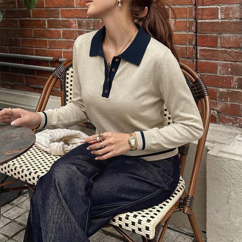 Autumn/Winter 2026 Women's Casual Color Block Lapel Knit Sweater