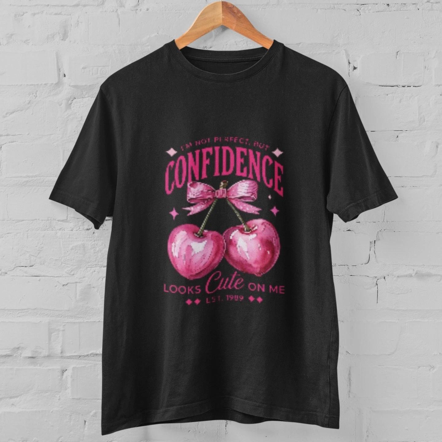 Cute Cherry Heart Shirt Confidence Quote Graphic Tee Pink Aesthetic Women Gift L