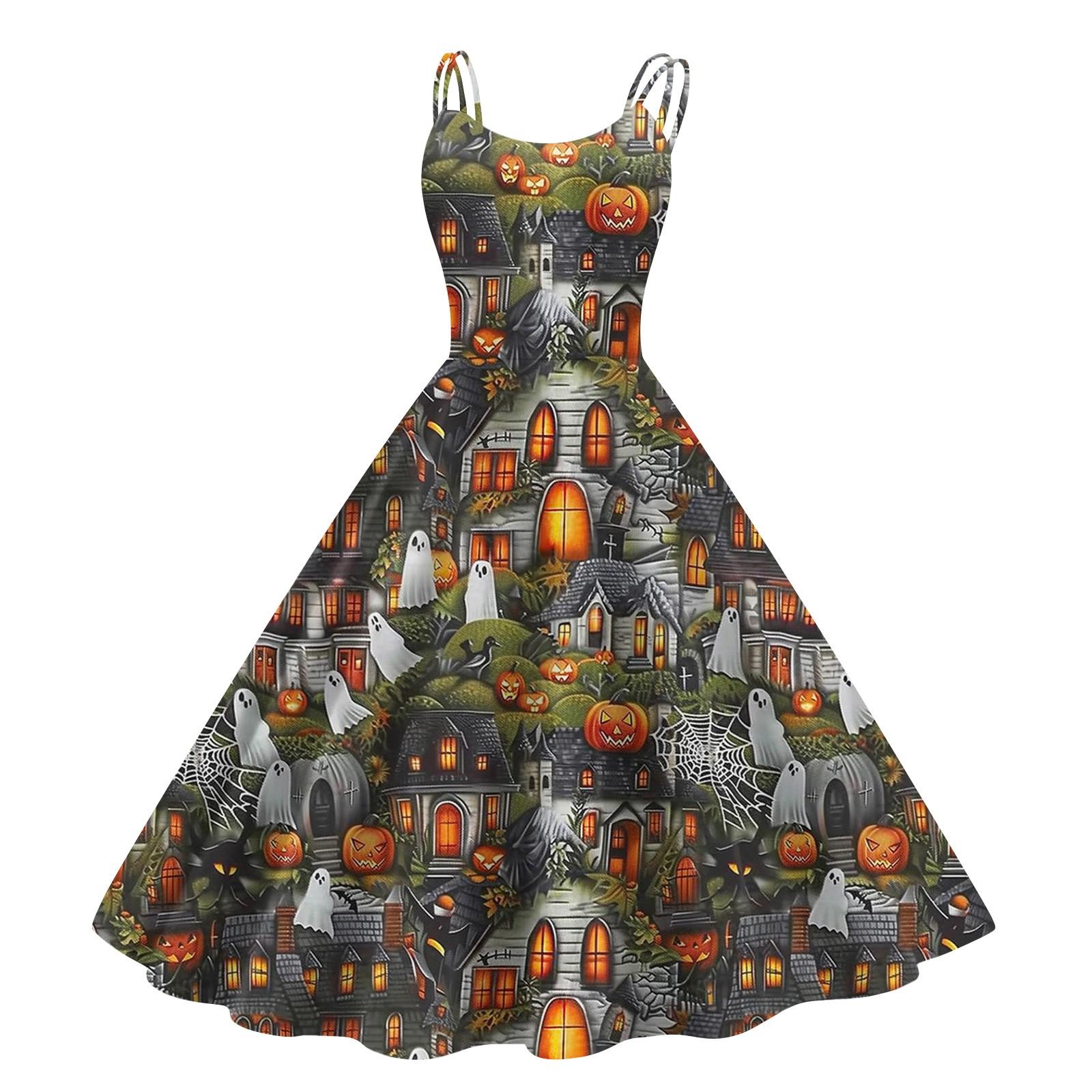 

Women s Fashion Casual Halloween Print Sexy Off Shoulder Punk Retro Dress S зелений