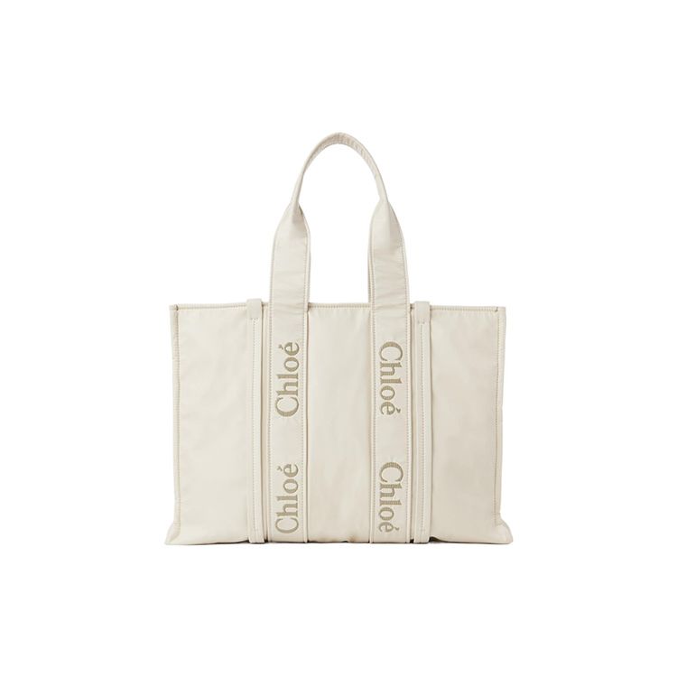 Chloe Holzig Ikonisches Besticktes Logo Einfarbig Recyceltes Nylon Tragetasche Damen Tragetaschen Elfenbein-Grau CHC23-WS382L41-22M