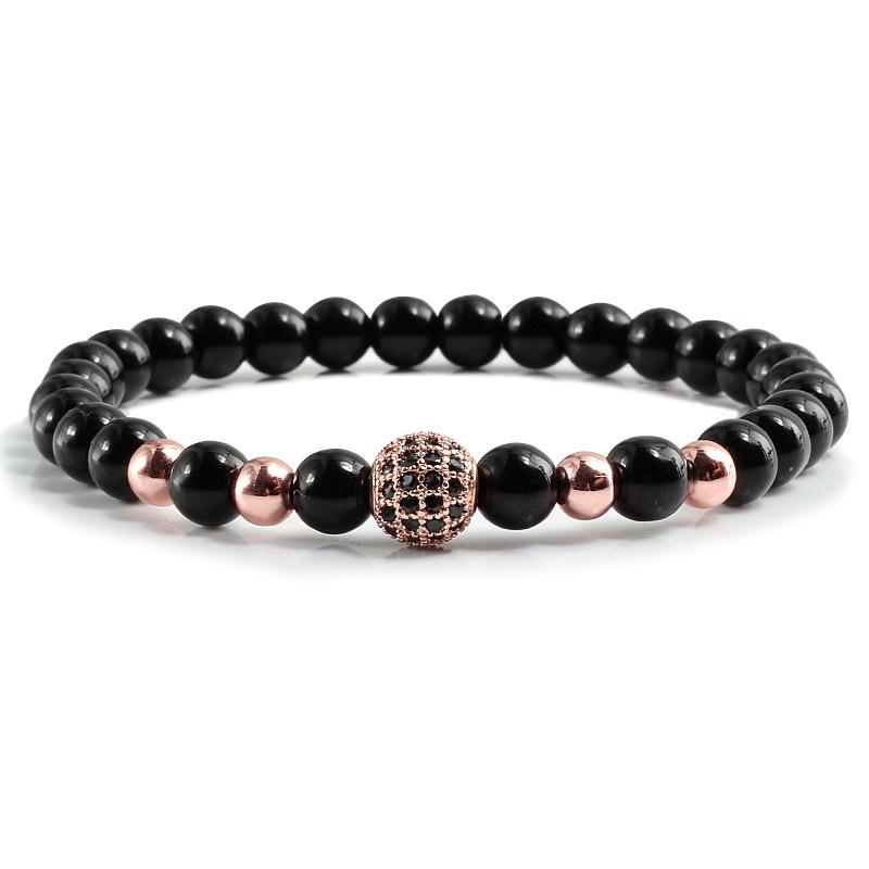 Black Frosted Copper Bead Bracelet with Micro-Inlaid Black Diamond and White Porcelain, Elastic Rope Jewelry for Men and Women.