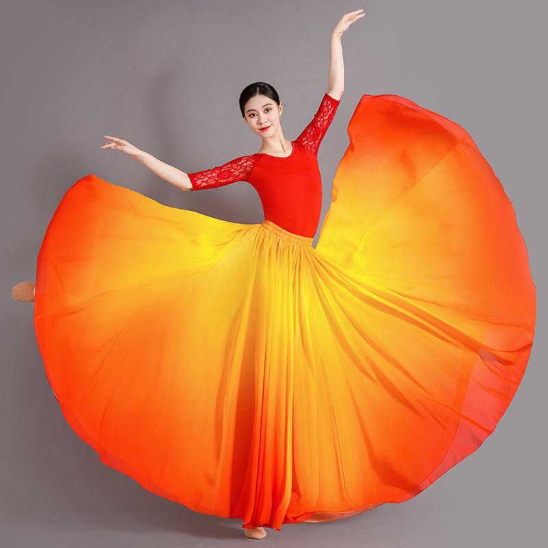 720 Grad Farbverlauf Tanzrock Eleganz Klassischer Tanz Damen Square Dancing Auftritt Maxiröcke Elastischer Bund Großer Saum Chiffon A-Linienröcke