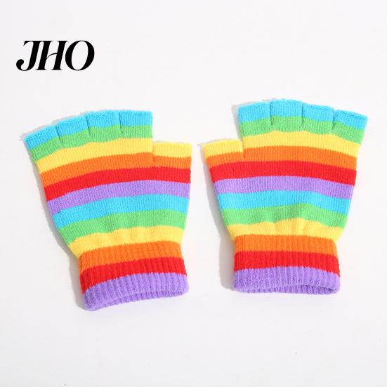 Women Gloves 1 Pair Students Half Finger Knitted Colorful Rainbow Stripe Stretchy Comfortable Ladies Keep Warm Super Soft Autumn Winter Writing Gaming