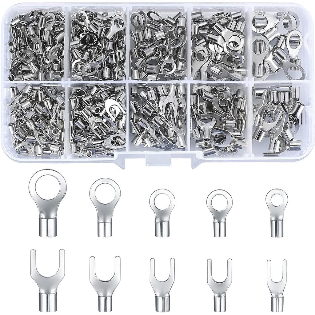 200/320Pcs 10 in 1 Terminals Non-Insulated Ring Fork U-Type Brass Terminals Assortment Kit Cable Wire Connector Crimp Spade