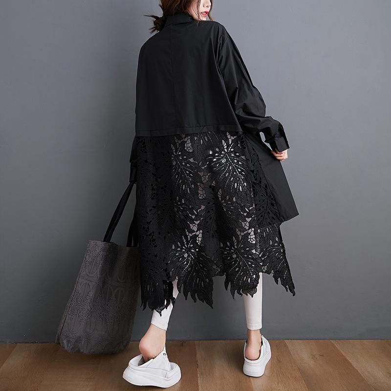 Tannt Women Shirt Asymmetry Lace Patchwork Long Oversize Blouse Tops Irregular Hollow Out Black White Shirt Women