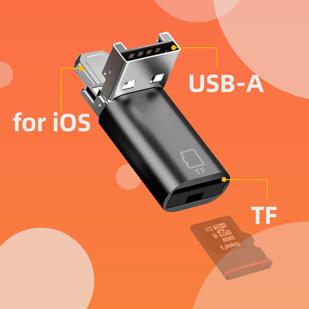 

Fonken 2 в 1 устройство чтения карт памяти USB2.0 Высокоскоростное устройство чтения карт OTG для Type-C Lightning TF Card Телефон Компьютер iOS+USB чёрный