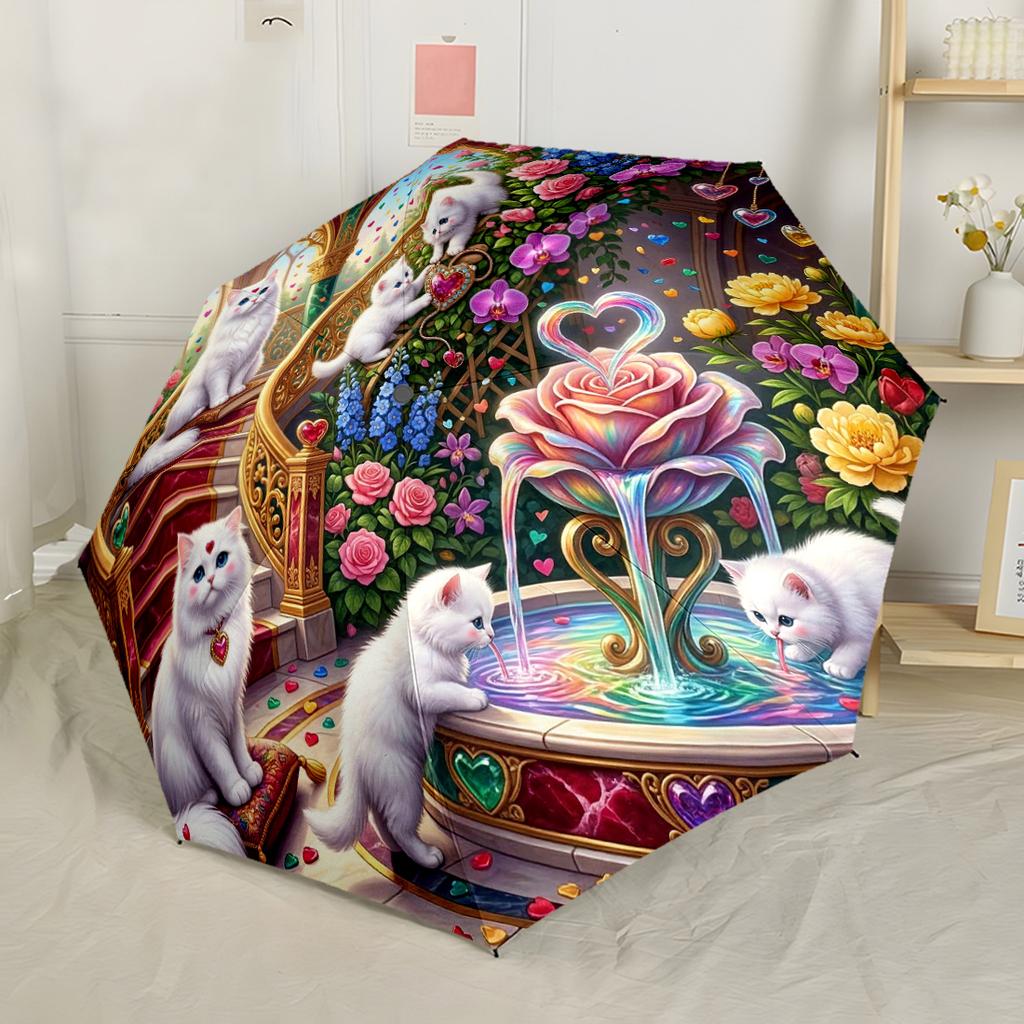 Cat In The Garden Compact Travel Automatic Umbrella Compact & Durable 8-Rib Design Compact Design for Women/Men Compact Folding Umbrella