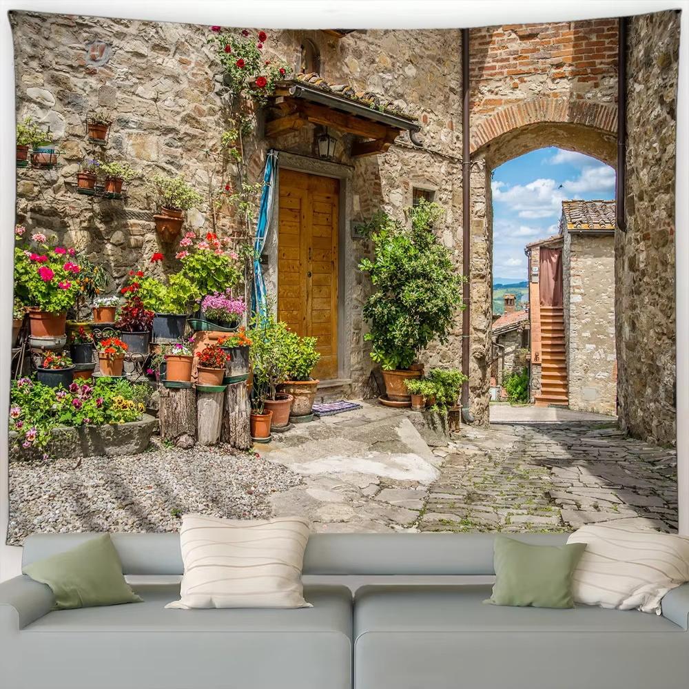 Street Flower Scenery Tapestry Vintage Blue Wooden Door Floral Plants Nature Landscape Home Garden Decor Wall Hanging Picnic Mat