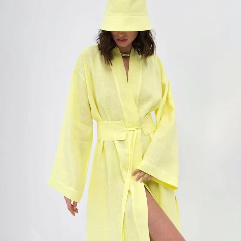 Fashion Loose Pure Color Vacation Style Long Dress Waist-Controlled Lace-up Split Dress Loose Lace up Dress