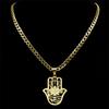 Collier Main Hamsa Lotus pour Hommes Acier Inoxydable Couleur Dorée Œil Maléfique Main de Fatima Cristal Bleu Pendentif Chaîne Bijoux 8075S05