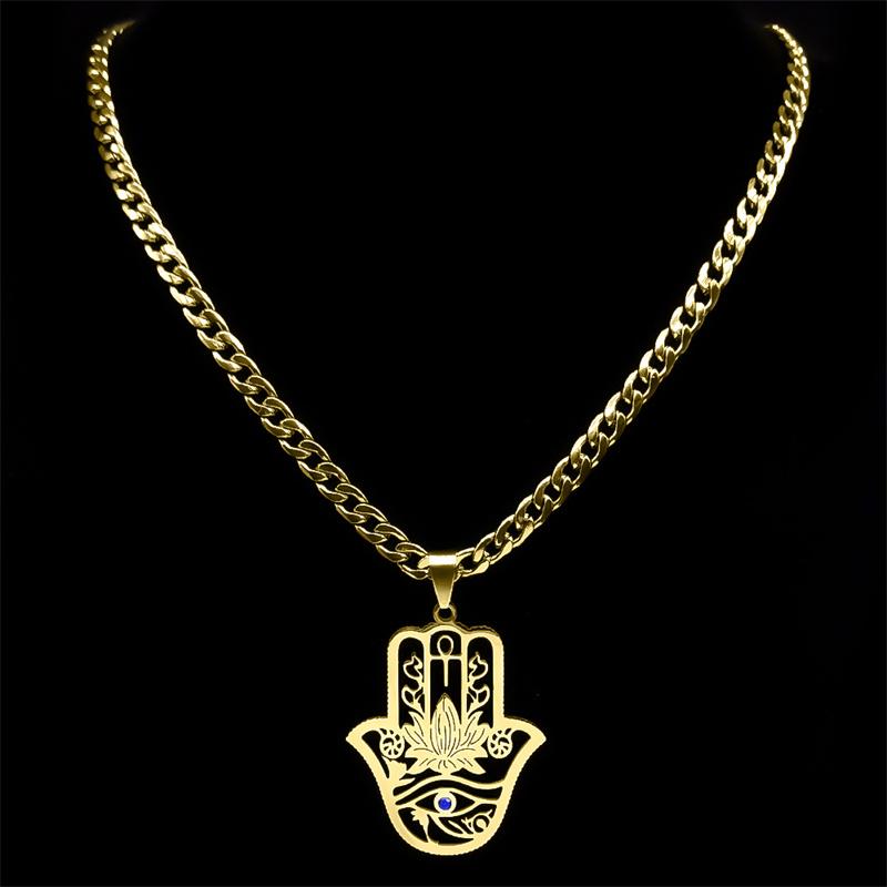 Collier Main Hamsa Lotus pour Hommes Acier Inoxydable Couleur Dorée Œil Maléfique Main de Fatima Cristal Bleu Pendentif Chaîne Bijoux 8075S05
