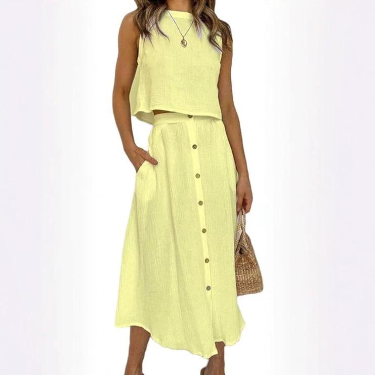 Women Sleeveless Tank Top High Waist Button Front Midi Skirt Two Piece Set Casual Summer Outfit