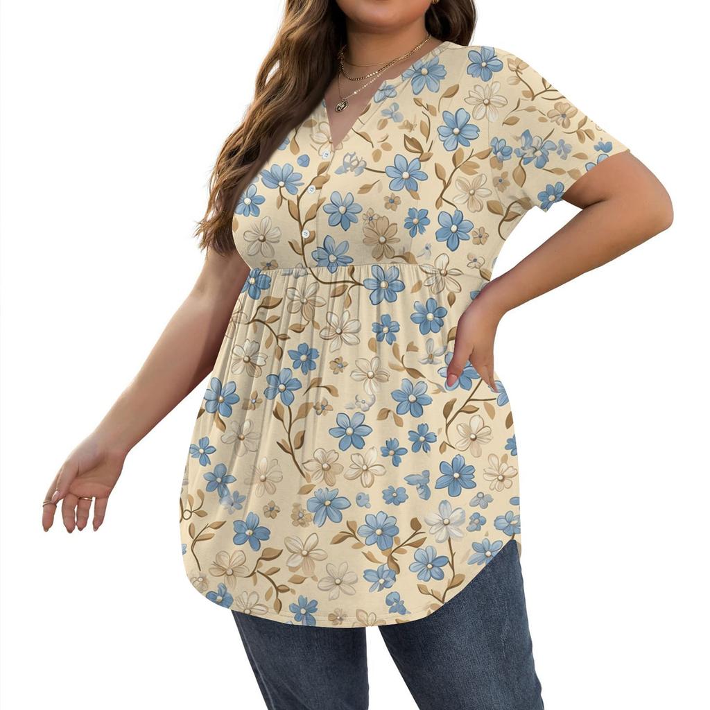 Women's Print Large Size  V Neck Button-Up Top Casual Short Sleeve Flowy Top