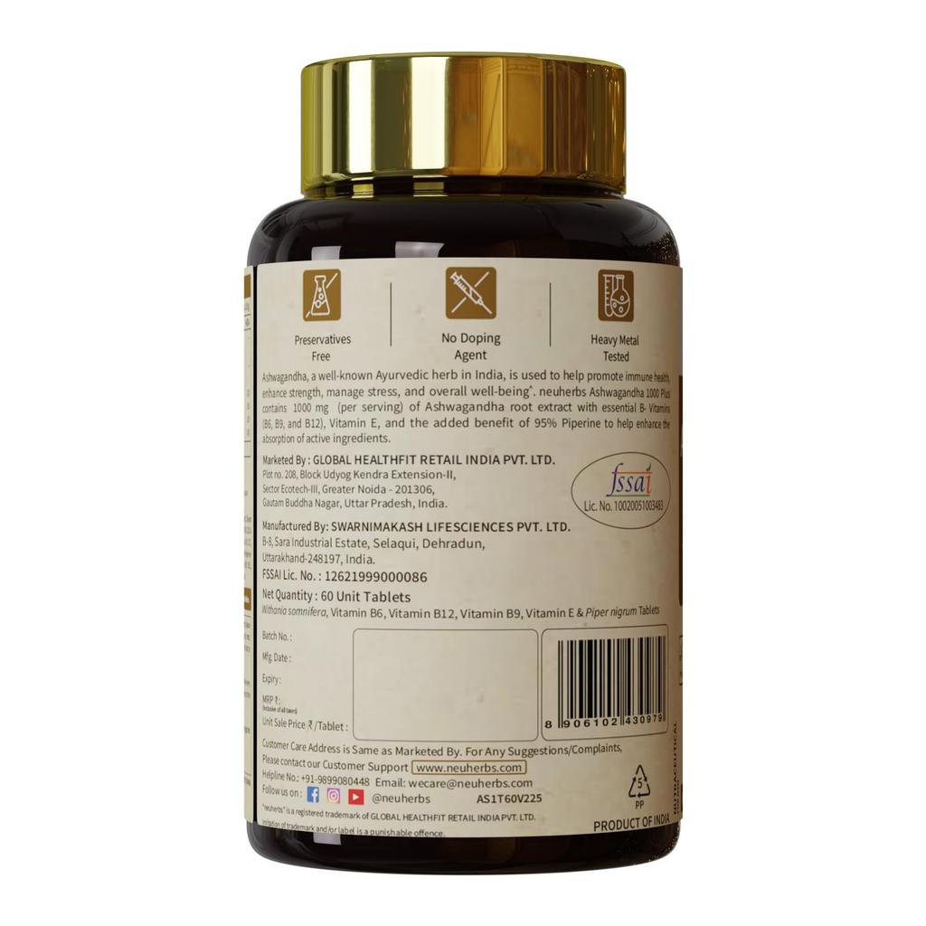 Neuherbs Ashwagandha 1000mg Daily Energy Supplement Tablets For Men And Women Body Strength Boost 60 Count Pack Of 1