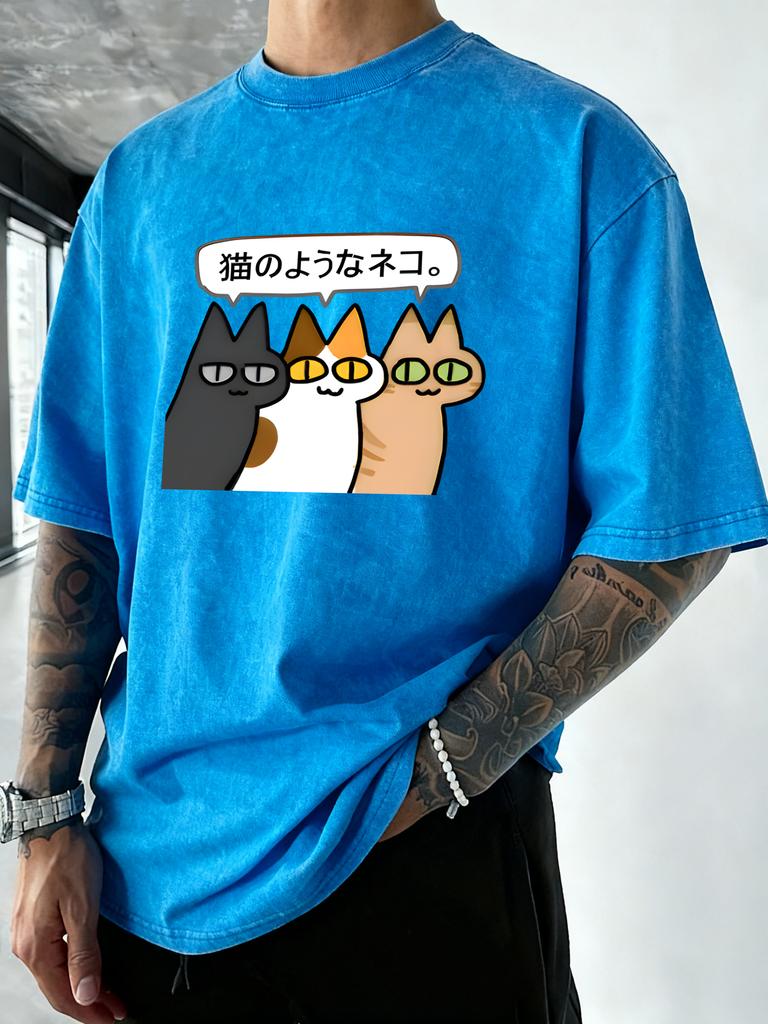 Cartoon Funny Cats Printed Men Washed Tee Shirt ONeck Cotton TShirts Casual Summer Clothes Vacation Beach Style Streetwear