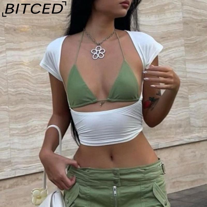 BITCED Wiosna/Lato Damski Modny T-Shirt w Jednolitym Kolorze, Dopasowany, z Dekoltem O, Zmysłowy, z Odkrytymi Plecami