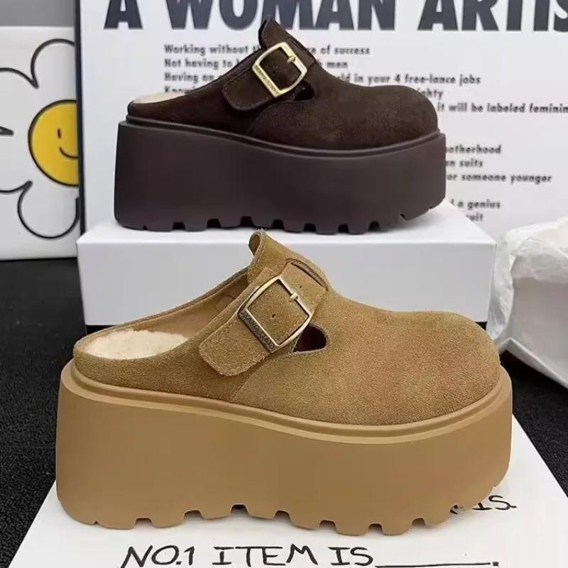 Fashion Women's Cotton Slippers New Winter Toe-toe Slippers Fashionable Round-toe Suede Plus Velvet Thick-soled Buckle Women's Shoes