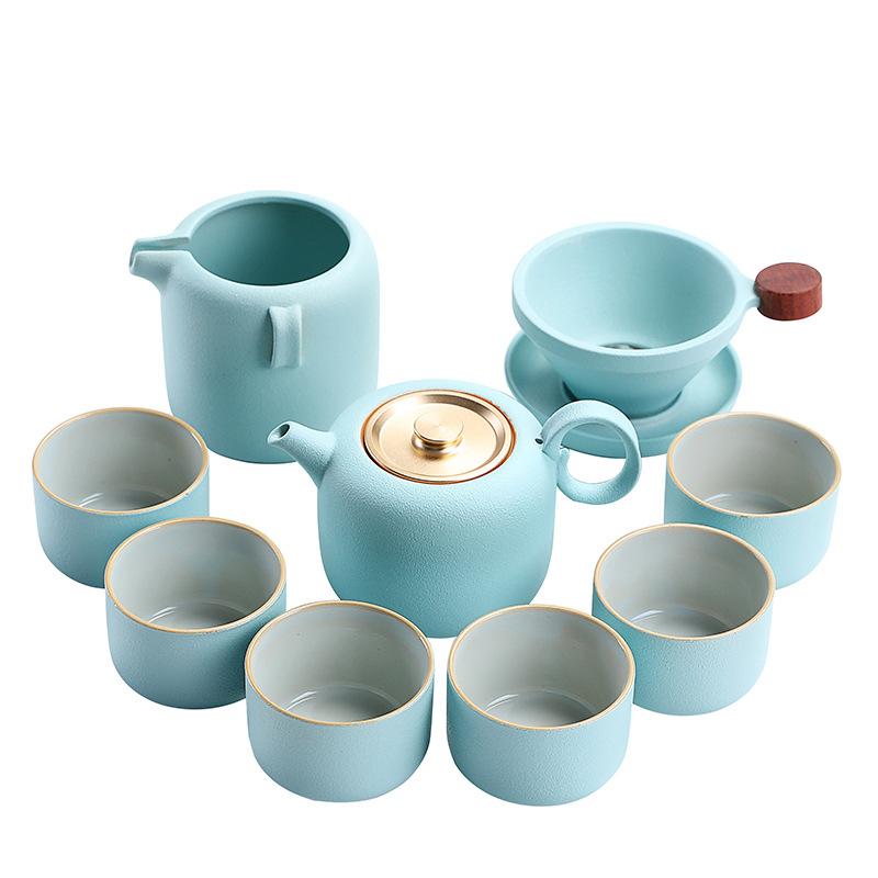 Guochao ceramic Ru kiln kung fu tea set set, suitable as a gift for banks, companies, annual meetings, and business gifts