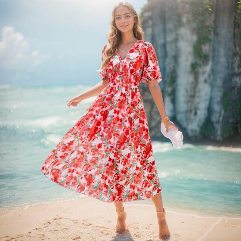 European American New Floral Long Dress Bohemian L красный