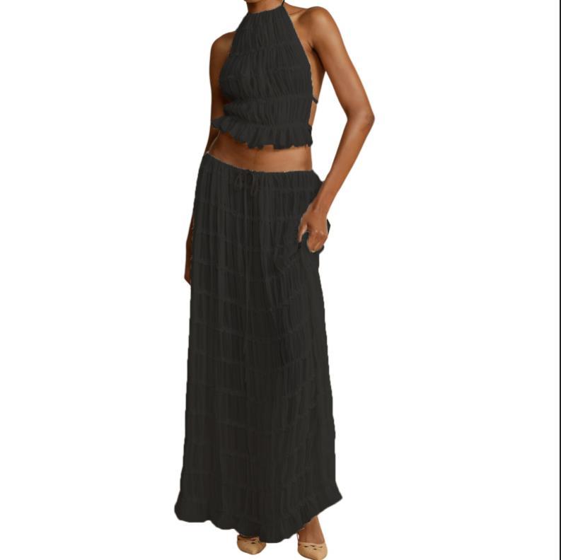Women 's Two Piece Summer Outfits Sleeveless Ruched Halter Cami Tops and Long Skirt Set Beachwear