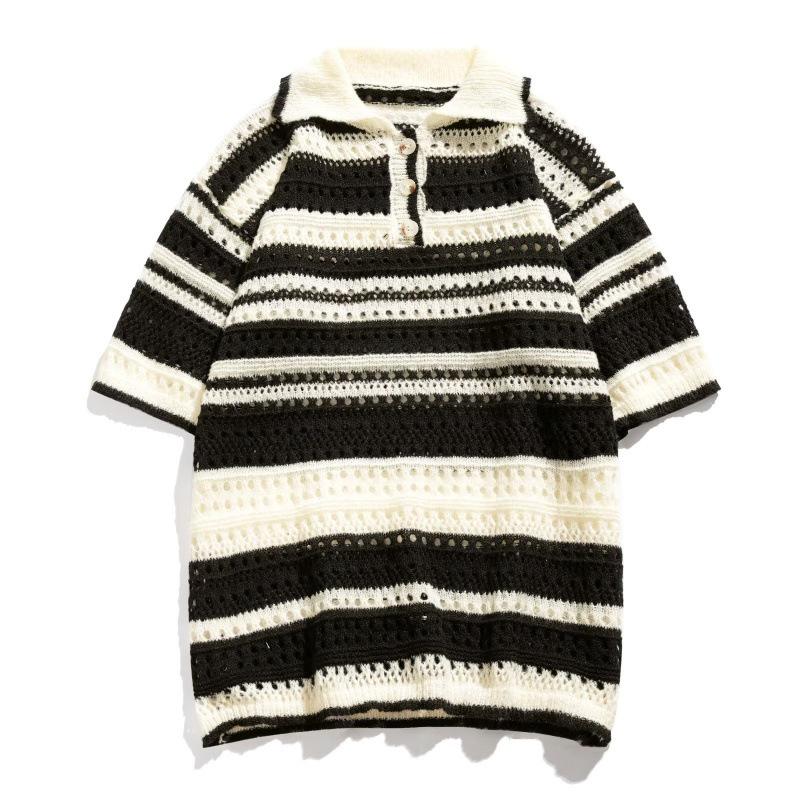 Men's Summer 2023 Retro Striped Hollow Knit Short Sleeve Polo Shirt