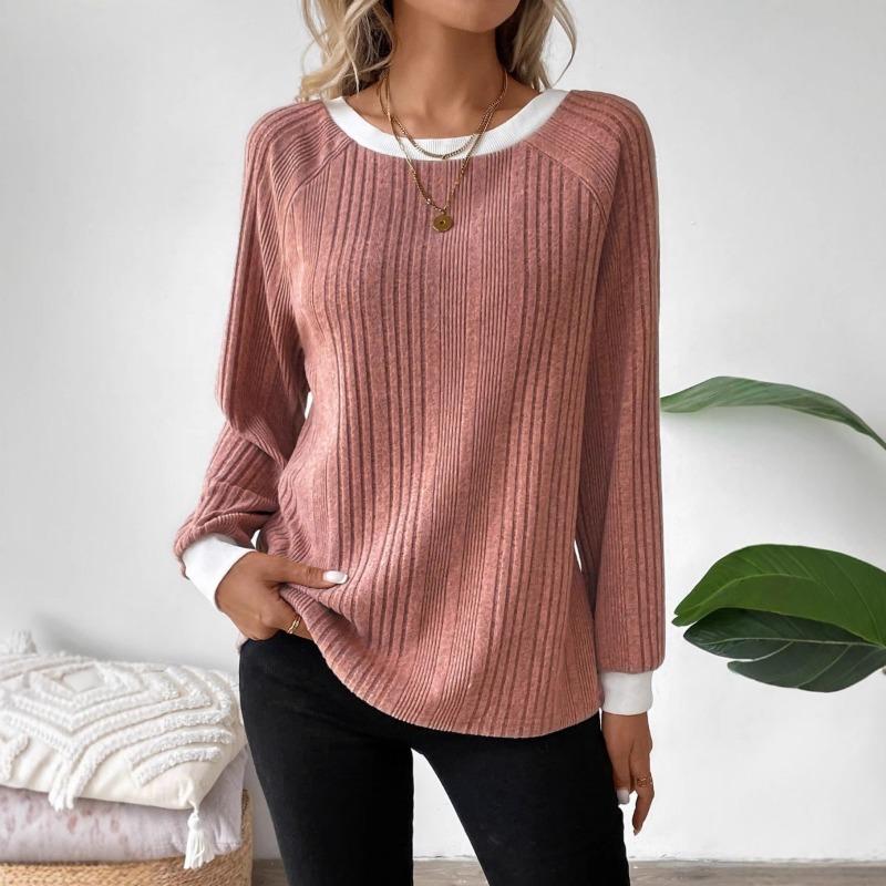 Women Solid Color Ribbed Long Sleeve Round Neck Casual Pullover Sweater
